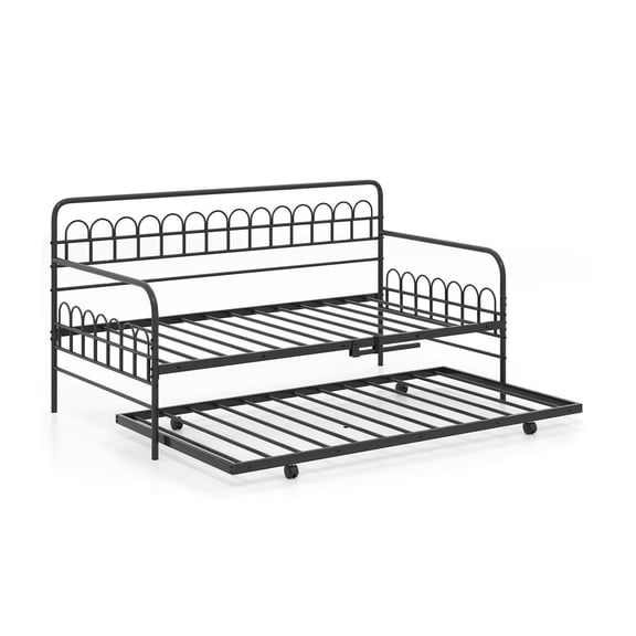 Demi Bonn Twin Size Daybed, Curved Backrest & Armrests, 13+13 Heavy-Duty Metal Slats, Extra Support Leg, Trundle for Extra Sleeping Space, Black