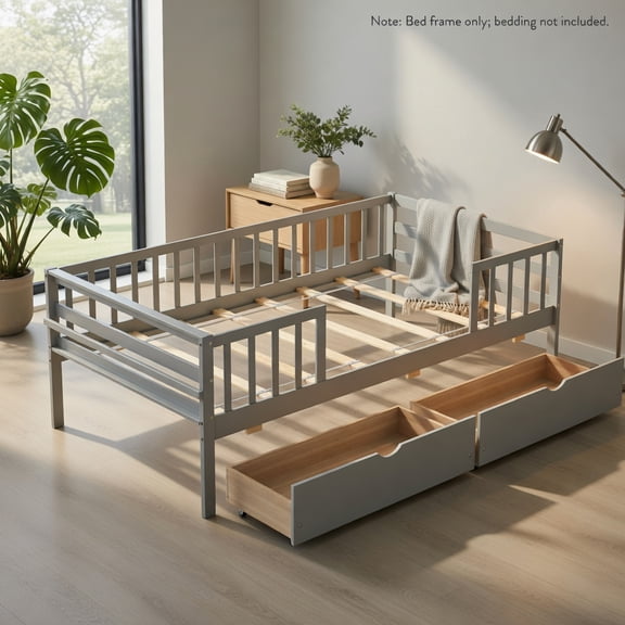 Demi Bonn Twin Size Daybed, Montessori Style 2-in-1 Sofa/Bed, 2 Large Storage Drawers, Safety Railings, No Box Spring Required, Gray