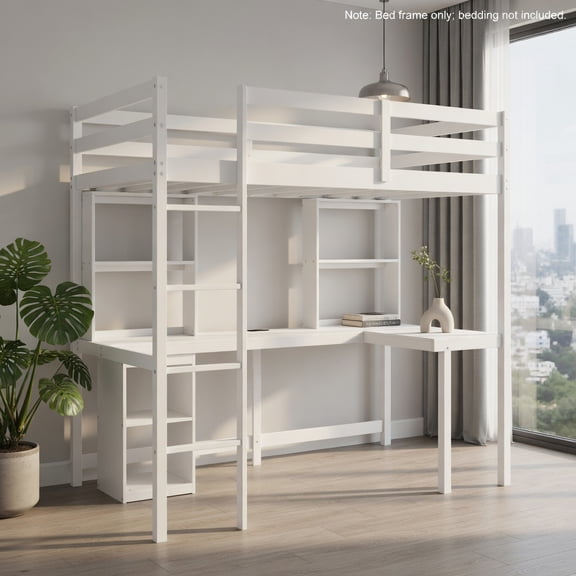 Demi Bonn Twin Size Loft Bed, LED Light & Built-in Desk, Recessed Power Strip, Bookcases & Storage Cabinet, Anti-Toppling Kits & Full-Length Guardrails, White