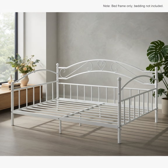 Demi Bonn Twin Size Metal Daybed Frame, Headboard with Scrollwork, 12 Powder-Coated Metal Slats, Middle Support Leg, Non-Slip Foot Pads, White