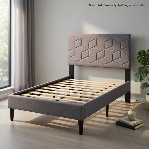 Demi Bonn Twin Size Modern Platform Bed, Linen Upholstered Headboard with Sponge, 10 LVL Slats, Low-Profile for Robot Vacuum Access, Gray