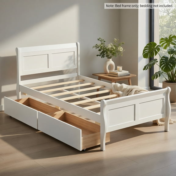 Demi Bonn Twin Size Sleigh Bed Frame, 2 Roll-Out Storage Drawers, 400LBS Capacity, Solid Wood Frame, Rounded Edge Headboard, No Box Spring, White
