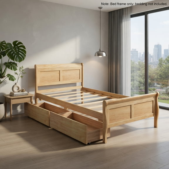 Demi Bonn Twin Size Sleigh Bed Frame, 2 Storage Drawers with Rolling Wheels, 400LBS Capacity, Solid Wood Frame & Slatted Platform, Natural