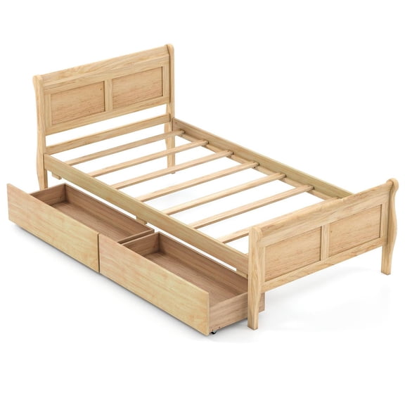 Demi Bonn Twin Size Sleigh Bed Frame, 2 Storage Drawers with Rolling Wheels, 400LBS Capacity, Solid Wood Frame & Slatted Platform, Natural