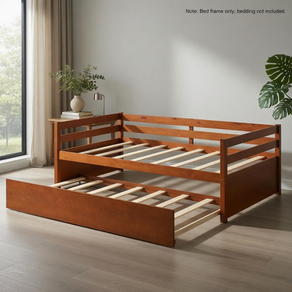 Demi Bonn Twin Size Trundle Platform Bed Frame, Wooden Slat Support, 2-in-1 Sofa/Bed Design, Thickened Slats & Solid Legs, No Box Spring, Walnut