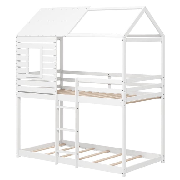 Demi Bonn Twin over Twin House Bunk Bed, Pitched Roof & Front Window, 14+7 Plywood Slats, High Guardrails & Integrated Ladder, White