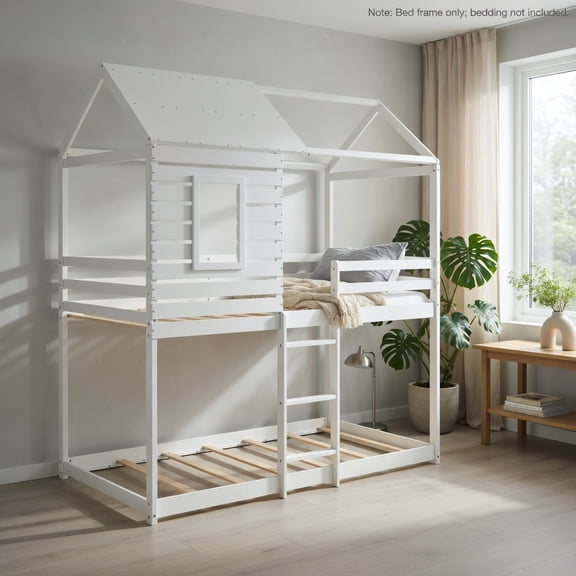 Demi Bonn Twin over Twin House Bunk Bed, Pitched Roof & Front Window, 14+7 Plywood Slats, High Guardrails & Integrated Ladder, White
