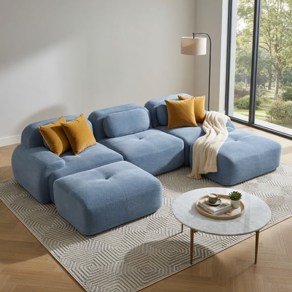 Demi Bonn U-Shaped Modular Sofa, Premium Pet-Friendly Corduroy Fabric, Extra-Wide Curved Armrests, 32D High-Resilience Sponge, Anti-Slip Base, No Assembly, for Living Room Bedroom & Study, Blue