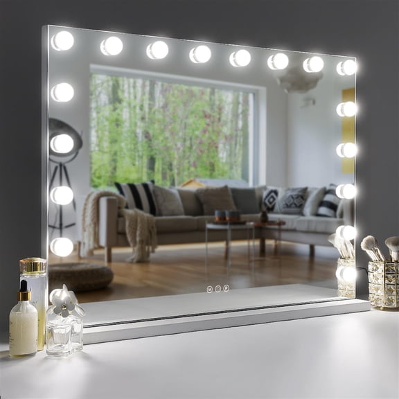 Demi Bonn Vanity Mirror with Lights, 31.5"x22.8", 18 LED, 10X Magnification, HD Tempered Glass, White+Silver