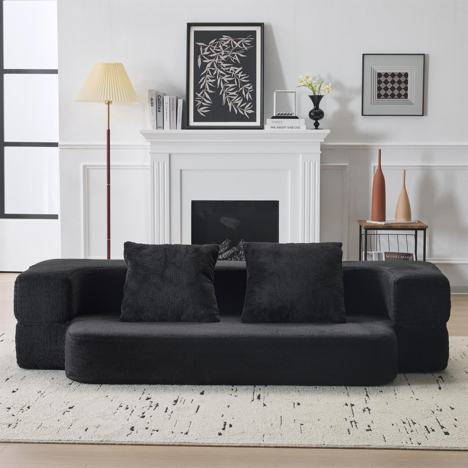 Demi Bonn Versatile 3-in-1 Sectional Sofa with Ottomans, Cozy Foam Fold-Out Bed, Space-Saving Chenille Lounger for Small Apartments & Home Offices, Black