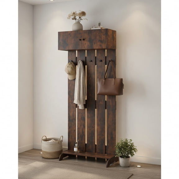 Demi Bonn Wall-Mounted Entryway Coat Rack, 5 Metal Hooks & Upper Storage Cabinet, Rustic Brown