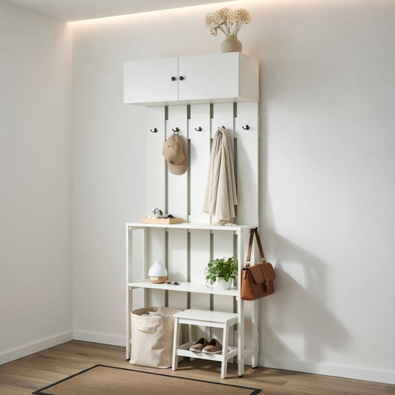 Demi Bonn Wall-Mounted Entryway Coat Rack, Thickened Wooden Frame & Sturdy Metal Hooks, White