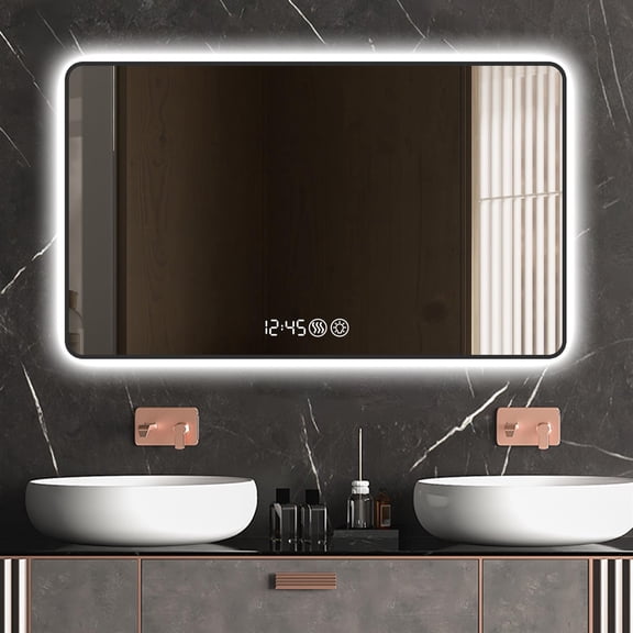 Demi Bonn Wall Vanity Mirror, 29x39 Inch, Digital Display, Black Frame, Defogging, Shatter-Resistant, Black