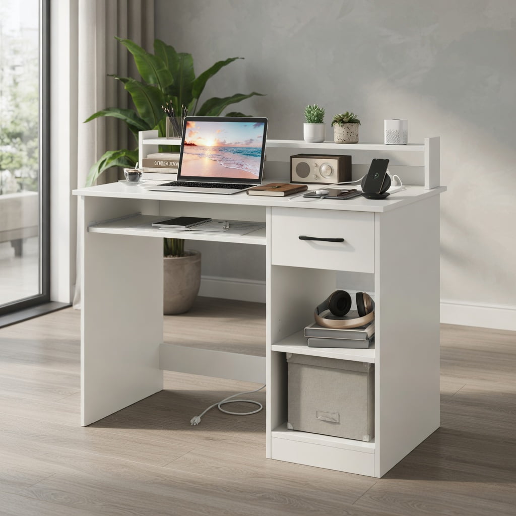 Demi Bonn White Home Office Desk, Keyboard Tray, Reinforced Crossbar, with Charging Station and Adjustable Shelf-White