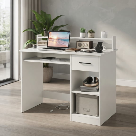 Demi Bonn White Home Office Desk, Keyboard Tray, Reinforced Crossbar, with Charging Station and Adjustable Shelf-White