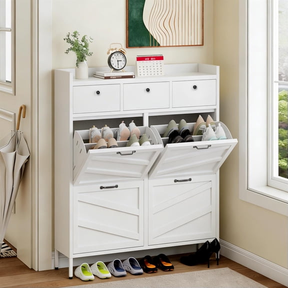 Demi Bonn White Metal Shoe Cabinet, 4 Flip Drawers 3 Drawers Slim 11.8"D Anti-Tip Entryway Organizer, White