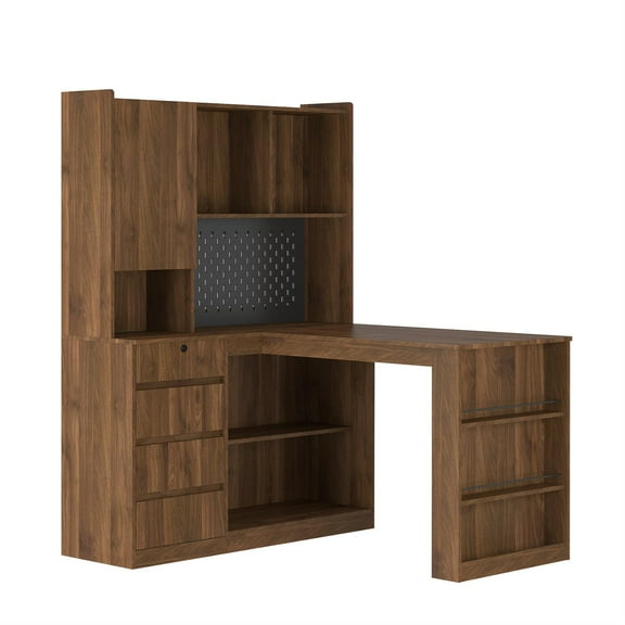 Demi Bonn Wood L-Shaped Desk - LED Light, Drawers & Bookshelf, Corner Gaming Computer Desk