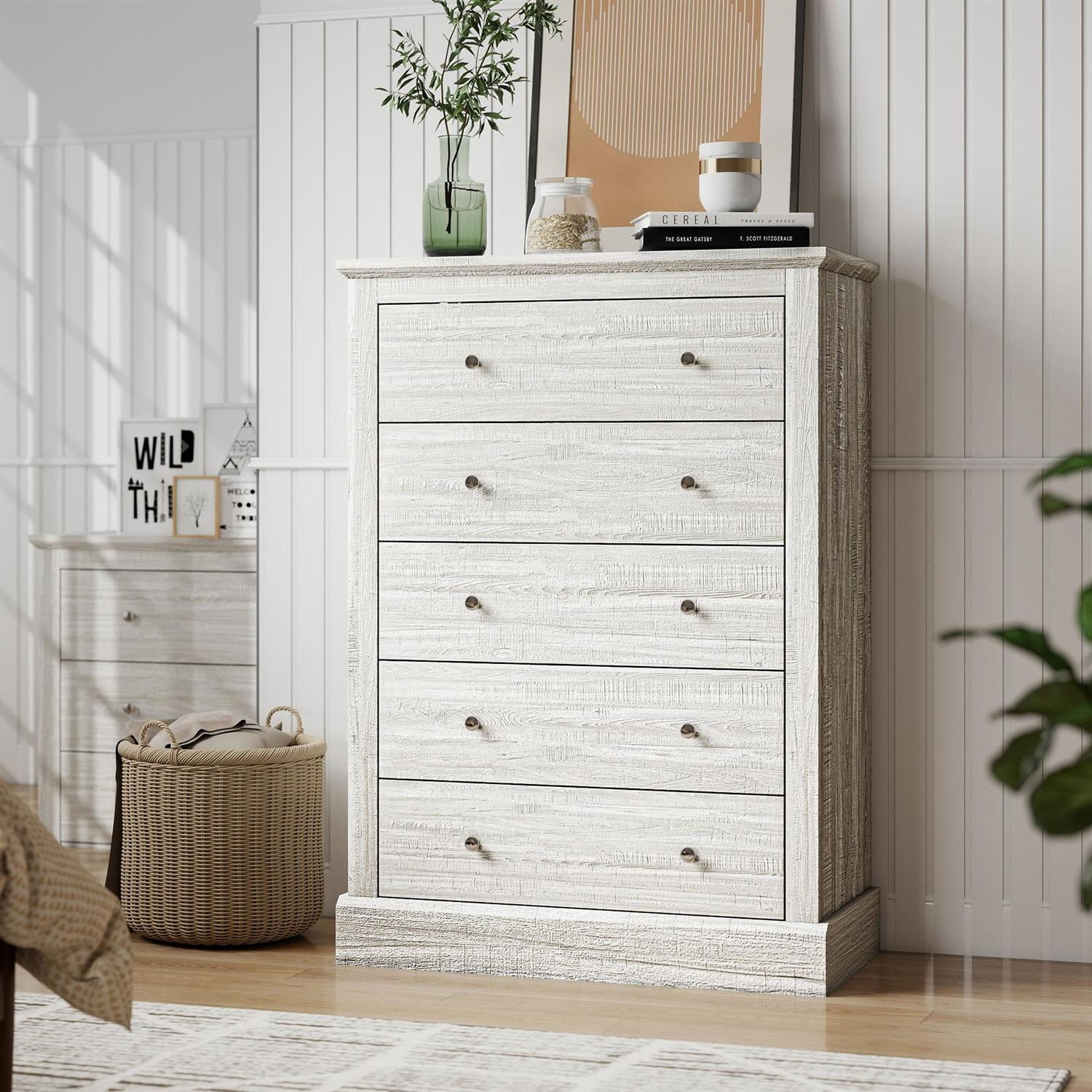 Demi Bonn Wooden 5 Drawer Chest, Farmhouse Style Dresser with Solid Wood Top for Living Room, Storage Bedside Table, Beige