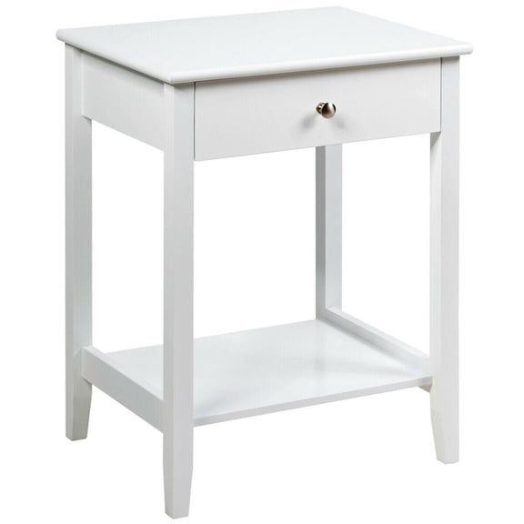 Demi Bonn Wooden Nightstand End Table, 2-Tier Storage, Pull-Out Drawer, Solid Pine Legs, White