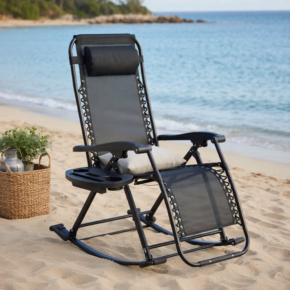 Demi Bonn Zero Gravity Foldable Outdoor Rocking Recliner Pillow Cup Holder Phone Slot Black Steel Frame Patio Porch Camping Furniture, Black