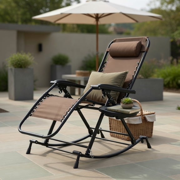 Demi Bonn Zero Gravity Foldable Outdoor Rocking Recliner Pillow Cup Holder Phone Slot Brown Steel Mesh Patio Porch Camping Furniture, Brown