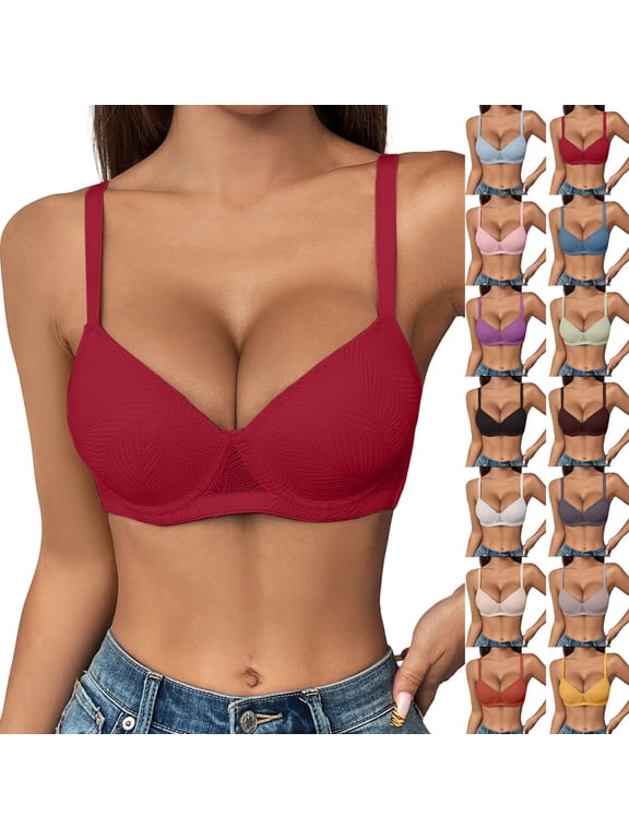 Demi Bra for Women BWASD No Underwire Seamless Comfortable Bralettes Adjustable Strap Wireless Push Up Support Lift Everyday T-Shirt Bra Comfy Red 85C