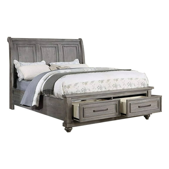 Benzara Demi Wood California King Size Bed with Sleigh Headboard in Oak Gray