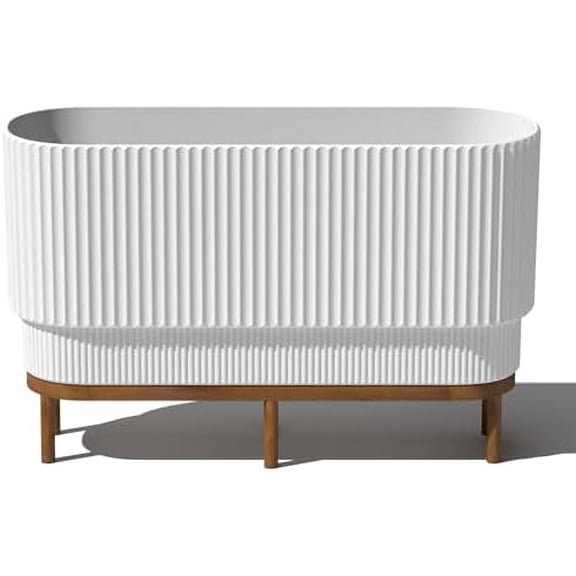 Demi Series Raised Long Planter for Indoor/Outdoor Use | Made from Plastic & Stone w/Wooden Stand | Modern Patio Décor for Flowers/Shrubs White/Brown,30 inch