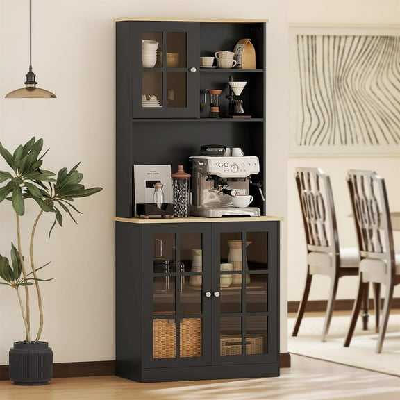 DemiBonn 72" Freestanding Kitchen Pantry Cabinet with Hutch and Glass Doors, Adjustable Shelves for Dining Room, Large Countertop, Black