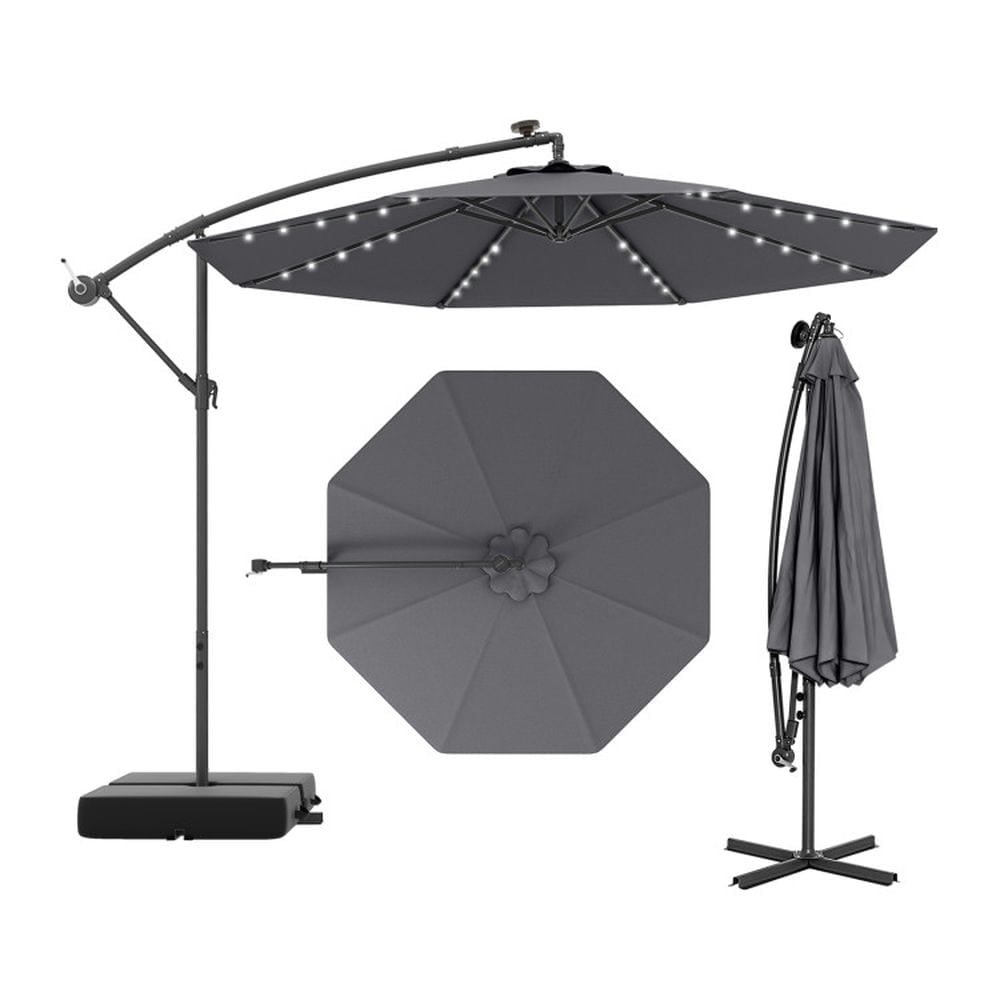 Demifill 10 Ft Patio Umbrella Offset Cantilever Umbrella with 40 Solar Powered Lights, Offset Patio Umbrella for Outdoor, Gray