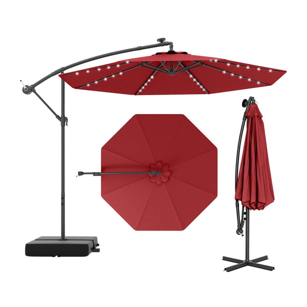 Demifill 10 Ft Patio Umbrella Offset Cantilever Umbrella with 40 Solar Powered Lights, Offset Patio Umbrella for Outdoor, Red