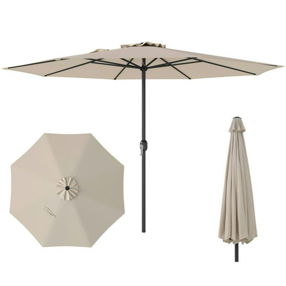 Demifill 12 Feet Patio Umbrella with Crank Handle and 8 Sturdy Ribs, Patio Umbrella for Outdoor, Beige