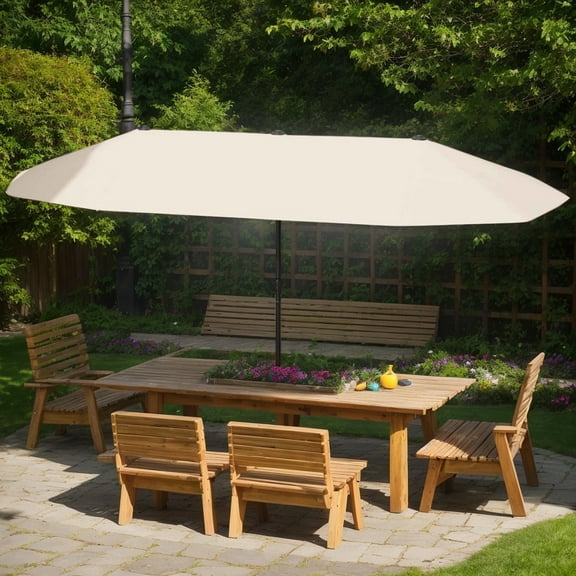 Demifill 13 Feet Large Patio Umbrella, Double-Sided Table Market Umbrella with Crank Handle for Outdoor as Garden, Backyard, Porch, Beige