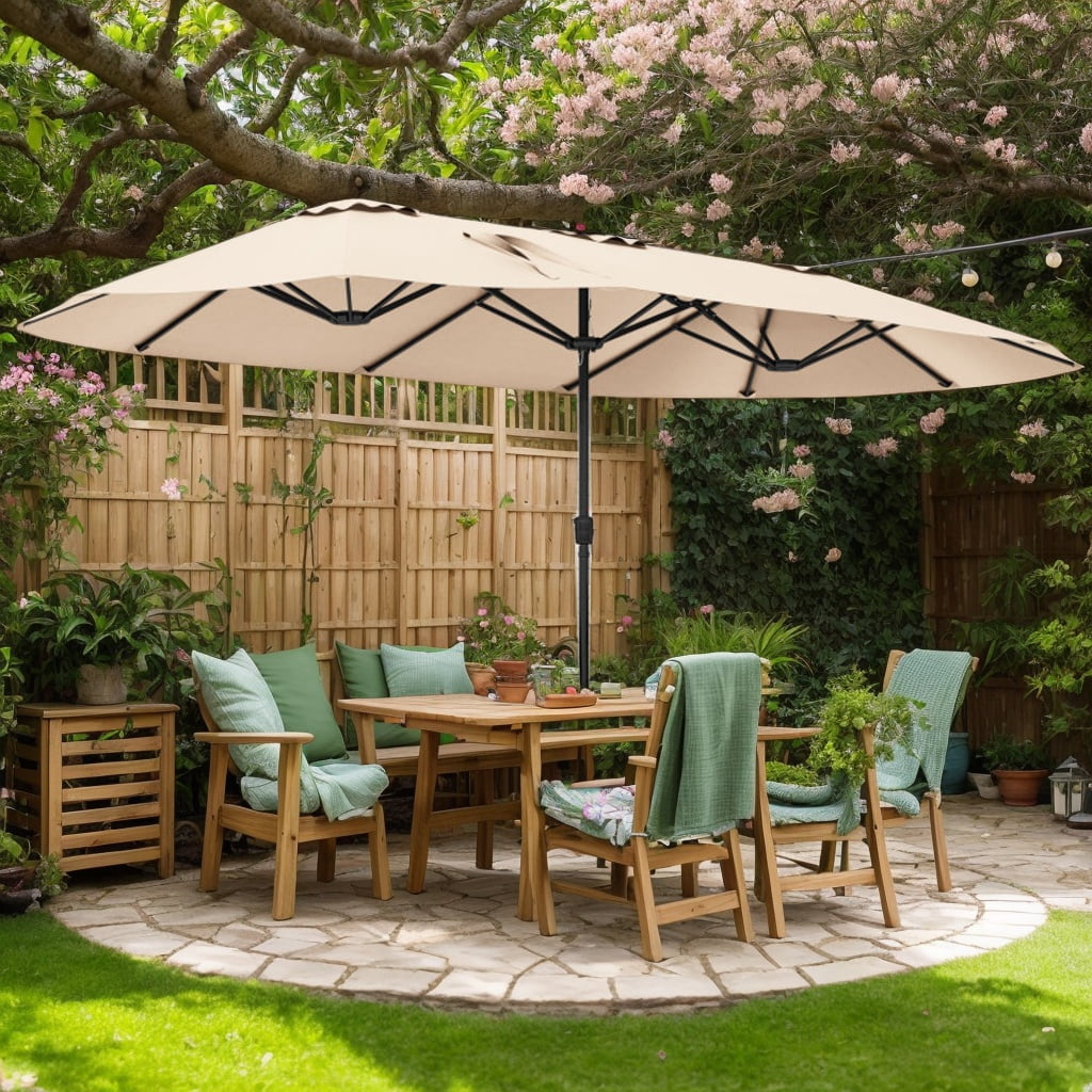 Demifill 15.5 FT Extra-Large Patio Umbrella, Outdoor Shade with LED Solar Lights and Crank Handle for Outdoor, Beige