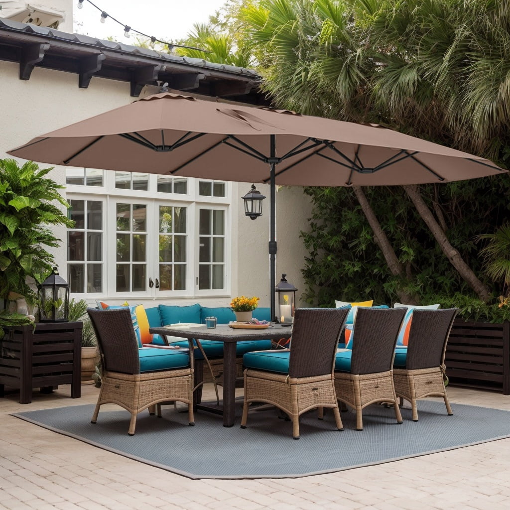 Demifill 15.5 FT Extra-Large Patio Umbrella, Outdoor Shade with LED Solar Lights and Crank Handle for Outdoor, Brown