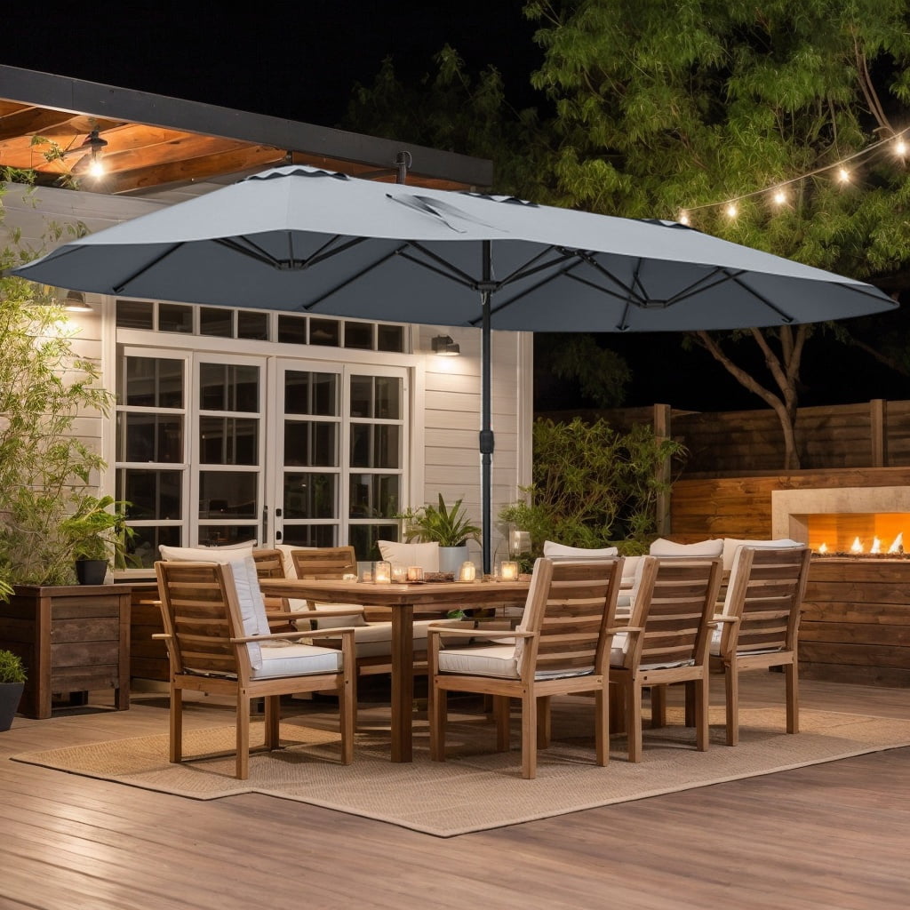 Demifill 15.5 FT Extra-Large Patio Umbrella, Outdoor Shade with LED Solar Lights and Crank Handle for Outdoor, Gray