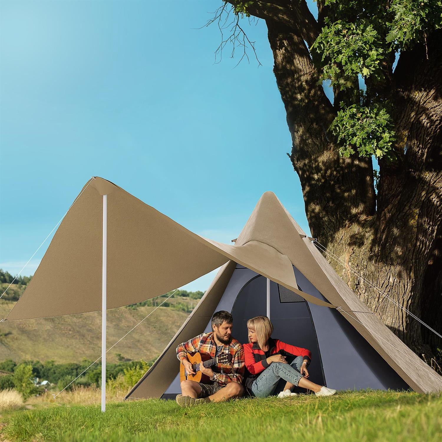 Demifill 2-3 Person Waterproof Teepee Camping Tent - Brown, 15.4'x15.4'x8.5' Size, With Porch Area, Floor & Carry Bag for Outdoor Activities