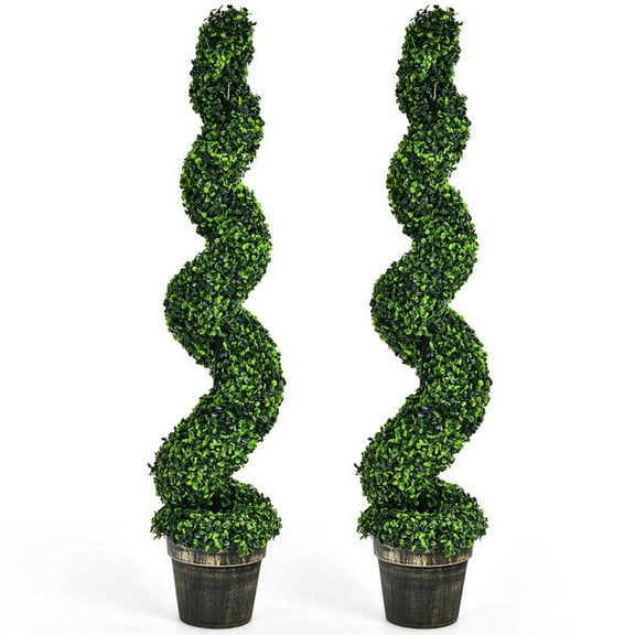 Demifill 2-Pack Faux Topiary Tree Set, Artificial Topiary Trees with Stable Base and PE Leaves, Pre-Potted Spiral Topiary Tree for Indoor and Outdoor as Living Room, Garden, Green