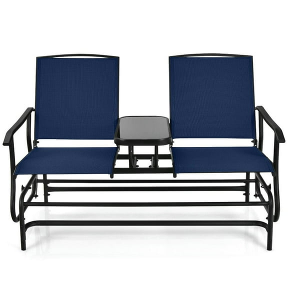 Demifill 2-Person Double Rocking Loveseat with Mesh Fabric and Center Tempered Glass Table, Outdoor Seating & Patio Chair, Navy