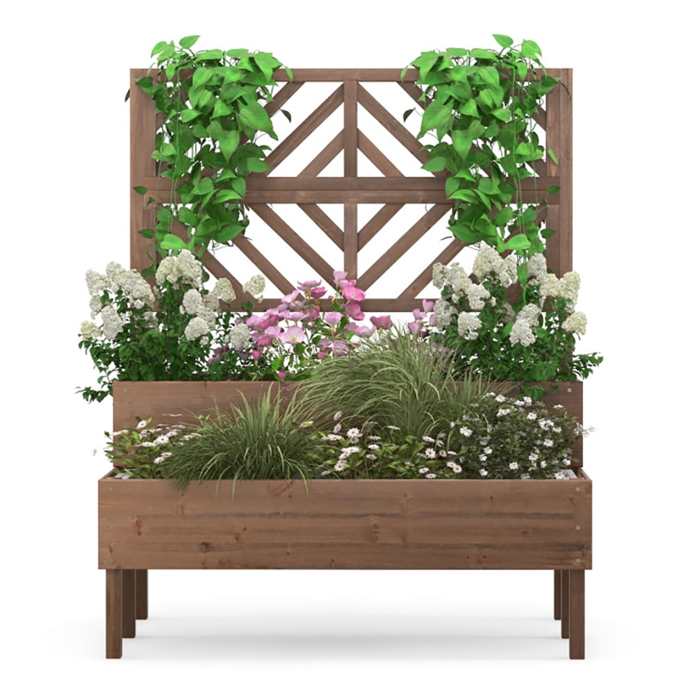 Demifill 2-Tier Raised Garden Bed with Trellis, 2-in-1 Multifunctional Garden Bed, Brown