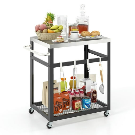 Demifill 2-Tier Stainless Steel Grill Cart with 4 Hooks and Wheels BBQ Table, Operating Platform, Black
