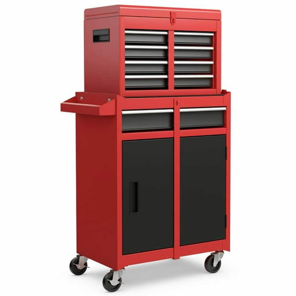 Demifill 2-in-1 Tool Chest and Cabinet with 5 Sliding Drawers, Large Storage Space and Detachable Design, Black & Red