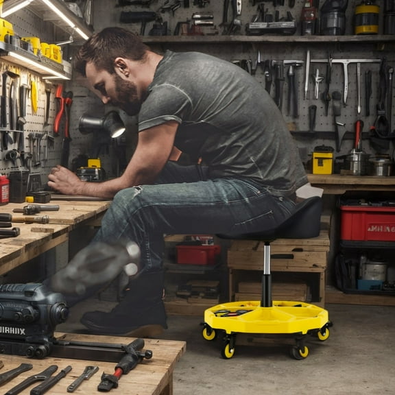 Demifill 20 Inch-25 Inch Height Adjustable Rolling Garage Stool, Garage Stool with Tool Tray Storage for Outdoor as Garden, Backyard, Porch, Yellow