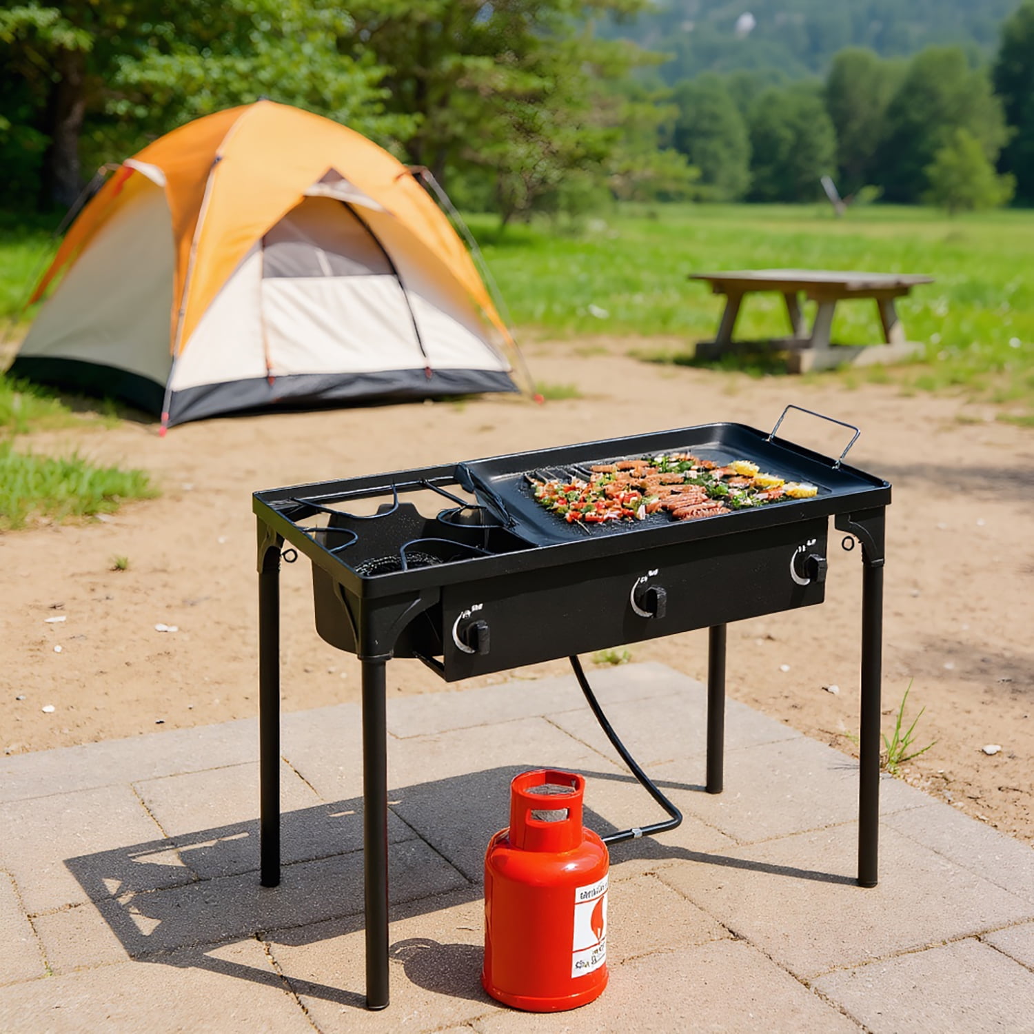Demifill 225000-BTU Outdoor Camp Stove, Rectangular High Pressure Propane Gas Cooker, Portable Cast Iron Cooking Burner for Outdoor Camping, Black