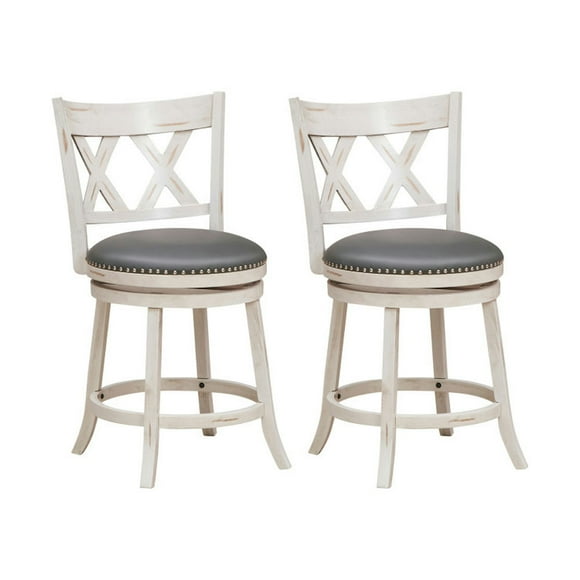Demifill 25.5 Inch Hand-Antiqued Stool Set of 2 with Wider Padded Seat-White, Counter Height Bar Stools for Kitchen, Dining Room, Bar
