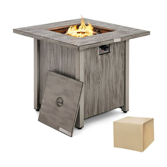 Demifill 28 Inch 40 000 BTU Square Fire Pit Table, Fire Pit Table with Lid and Lava Rocks, Gray