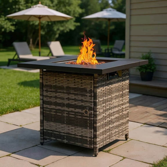 Demifill 28-Inch Fire Table, 50000 BTU Gas Firepit with Volcanic Stone for Outdoor Camping, Black
