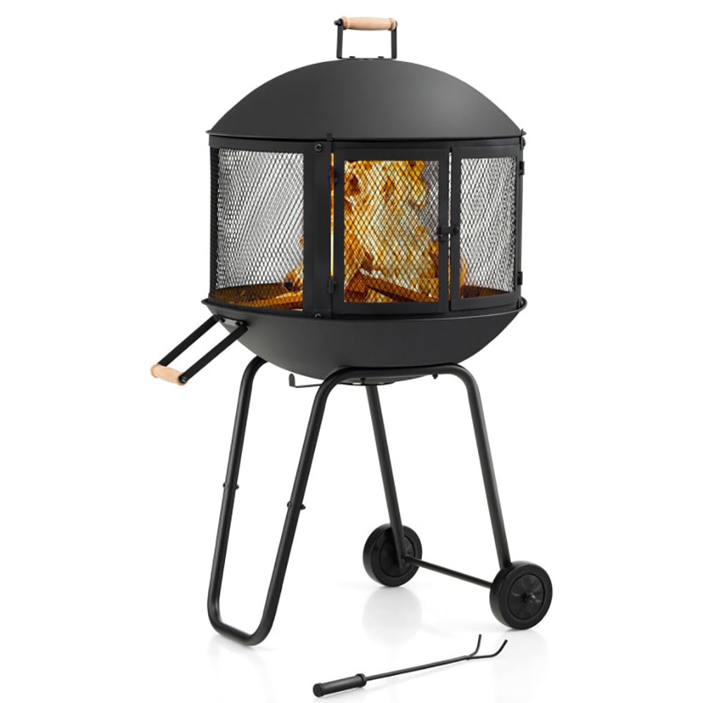 Demifill 28 Inch Portable Fire Pit on Wheels with Log Grate, Outdoor Firepit with A Functional Fire Poker, Steel Fire Pit for Outdoor, Black