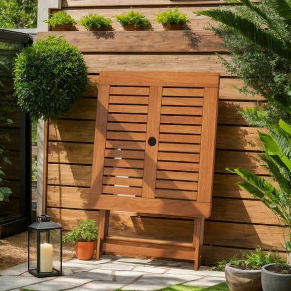 Demifill 29.5" Square Teak Patio Dining Table with Umbrella Hole, Teak Painted Table Table for Outdoor as Garden, Backyard, Porch, Brown