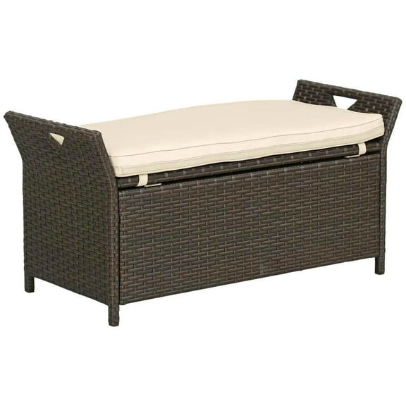 Demifill 29 Gallon Patio Wicker Storage Bench, 2-In-1 Large Capacity Rectangle Garden Storage Box with Handles and Cushion, PE Rattan Patio Furniture for Balcony, Yard, Garden, Cream White